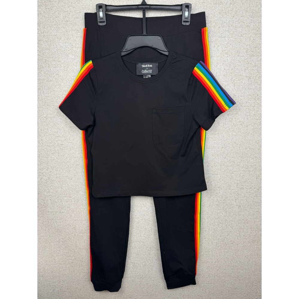 ModCloth X Collectif Black Rainbow Stripe Pride Tee Jogger Set Top M Pant L
